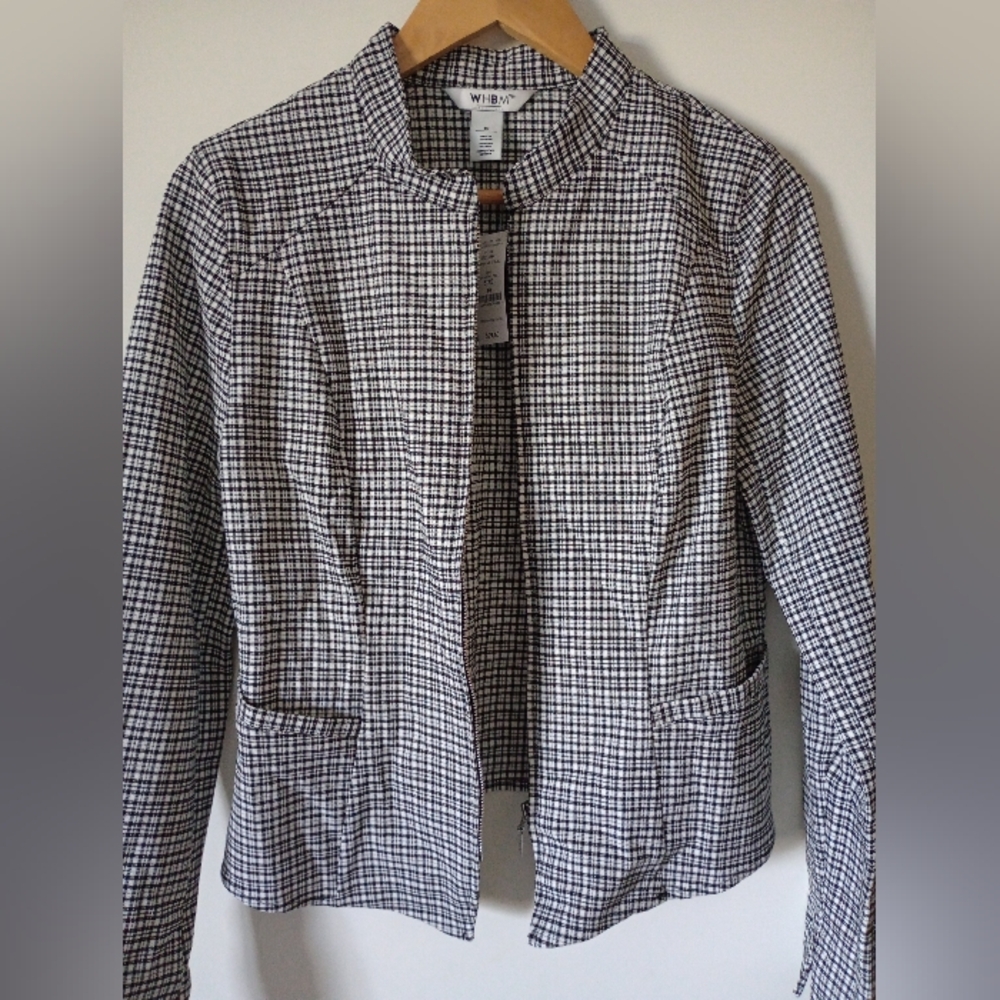 NWT White House Black Market Black and White Checkered Zip Front Jacket Size 10 - Picture 4 of 12